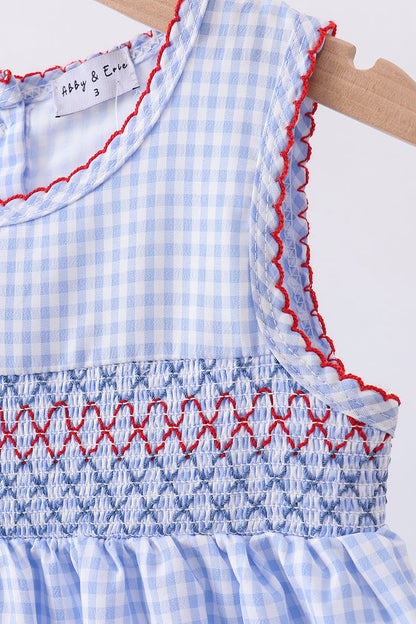 Blue flag smocked woven gingham dress