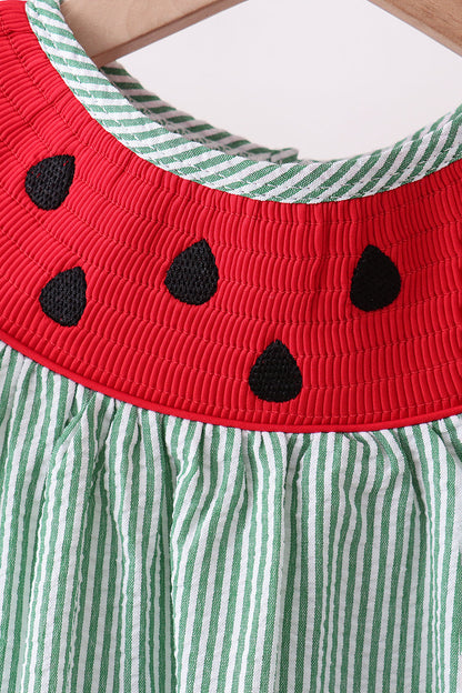 Green Watermelon Stripe Smocked Embroidered Seersucker Set