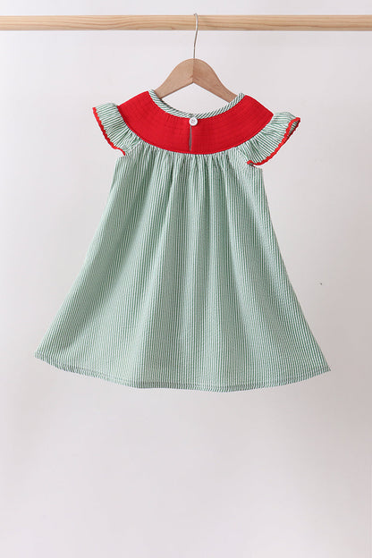 Green Watermelon Stripe Smocked Embroidered Seersucker Dress