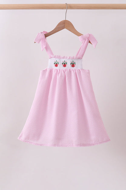 Pink stripe seersucker strawberry smocked dress