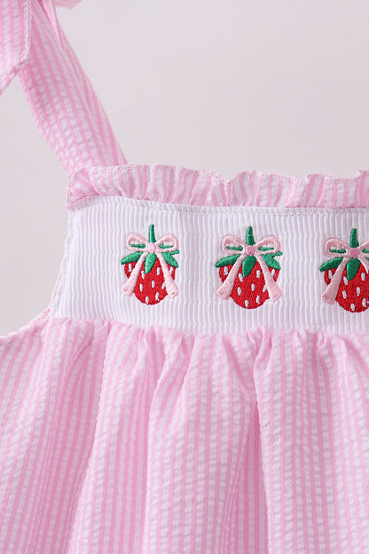Pink stripe seersucker strawberry smocked dress