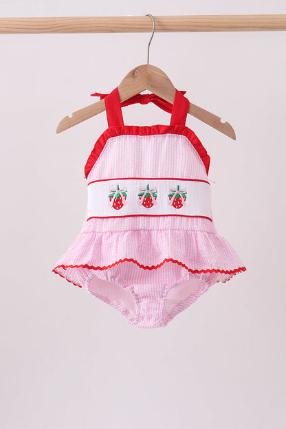 Pink stripe seersucker strawberry smocked one-piece swimsuit