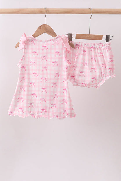 Pink bow print scalloped bloomer set