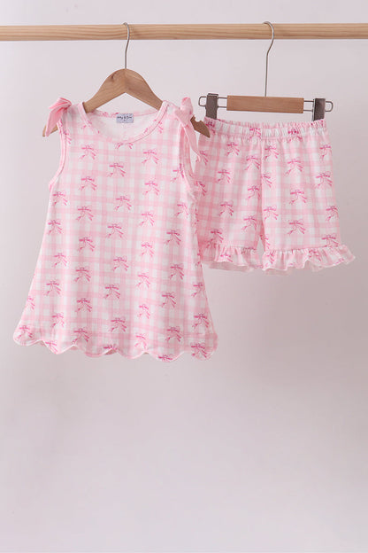 Pink bow print scalloped ruffle shorts set