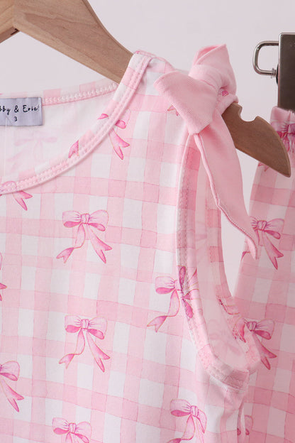 Pink bow print scalloped ruffle shorts set