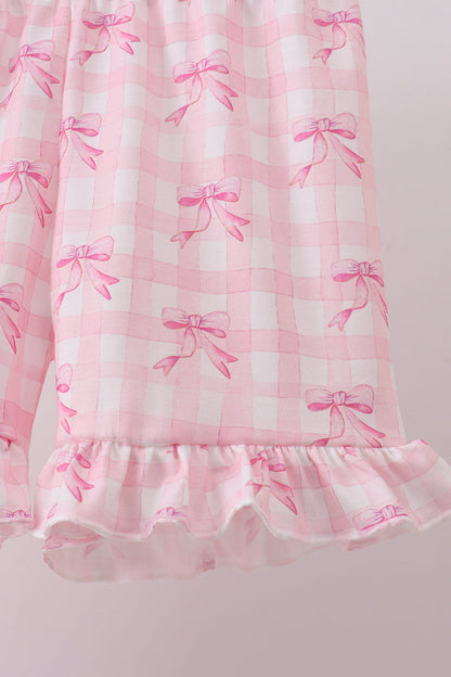 Pink bow print scalloped ruffle shorts set