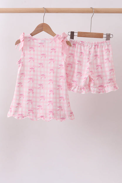 Pink bow print scalloped ruffle shorts set