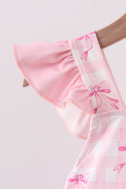 Pink bow print ruffle one-piece swimsuit