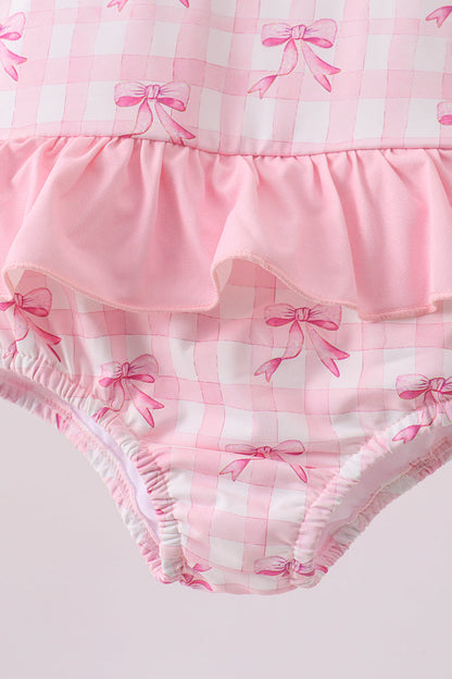 Pink bow print ruffle one-piece swimsuit