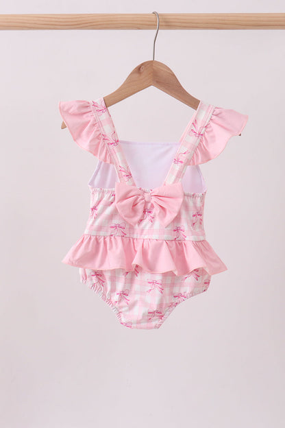 Pink bow print ruffle one-piece swimsuit