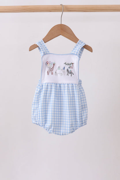 Blue Gingham Animal Embroidered Bubble