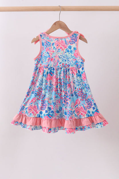 Pink tropical floral print ruffle dress