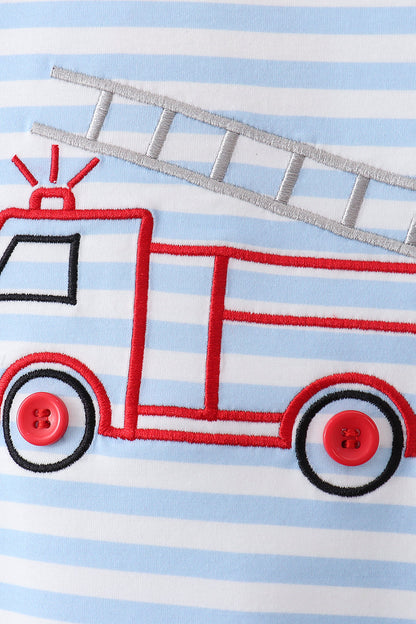 Blue Fire Engine Stripe Embroidered Set