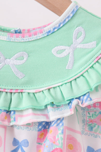Green Bow Embroidered Checkered Bubble