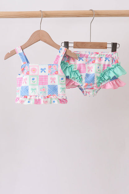 Green Bow Checkered Ruffle 2pc Swimsuit