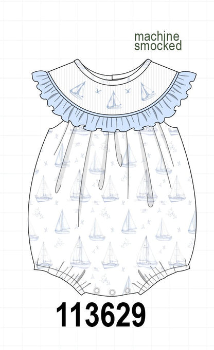 Blue Sailboat Smocked Ruffle Bubble