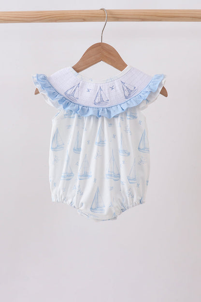 Blue Sailboat Smocked Ruffle Bubble