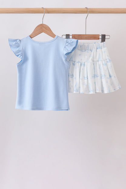 Blue Sailboat Embroidered Skorts Set