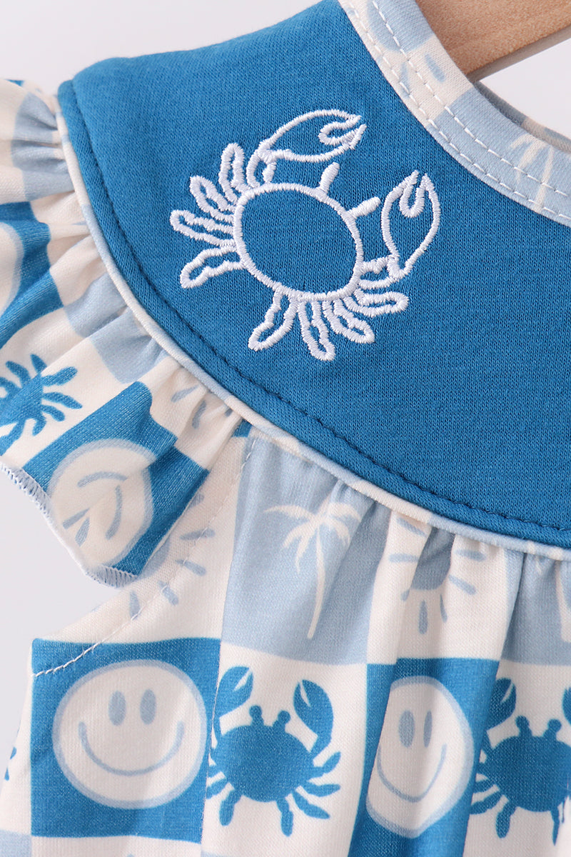 Blue Crab Embroidered Checkered Ruffle Bubble