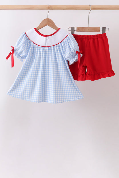 Blue School Bus Smocked Gingham Ruffle Shorts Set