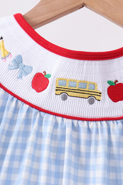 Blue School Bus Smocked Gingham Dress