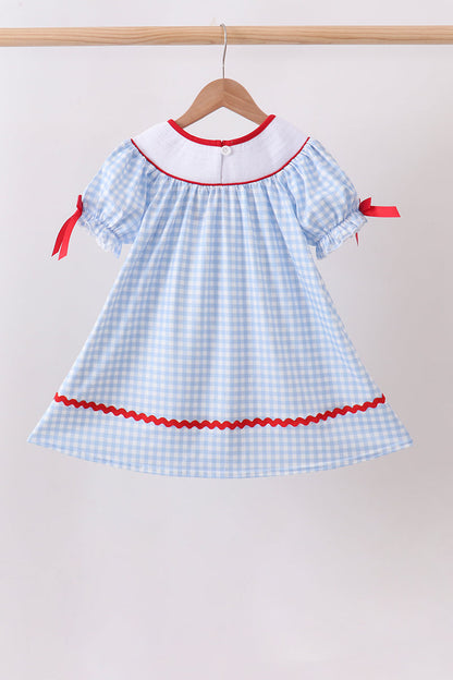Blue School Bus Smocked Gingham Dress