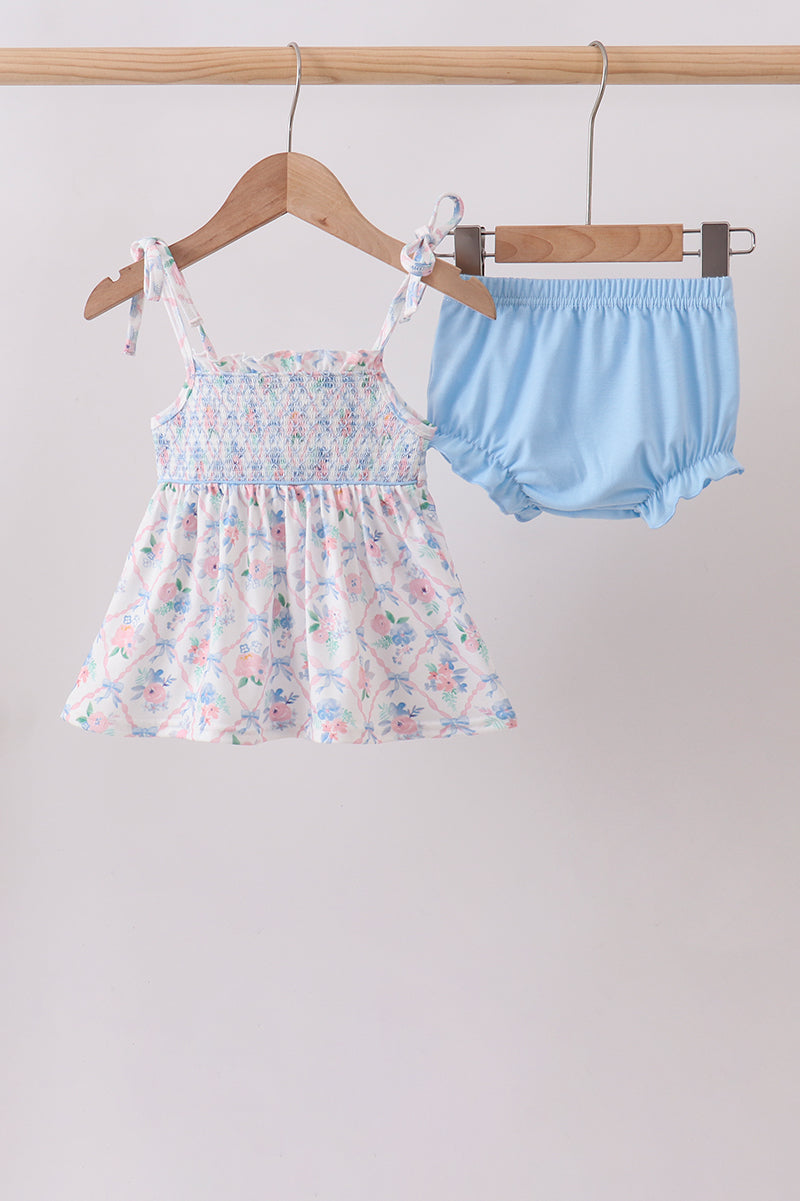 Blue Floral Smocked Bloomer Set