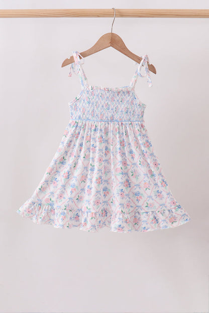 Blue Floral Smocked Ruffle Dress