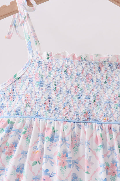 Blue Floral Smocked Ruffle Dress