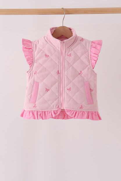 Pink corduroy bow embroidery ruffle vest