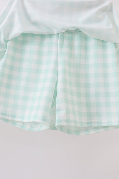 Green football french knot gingham skorts set