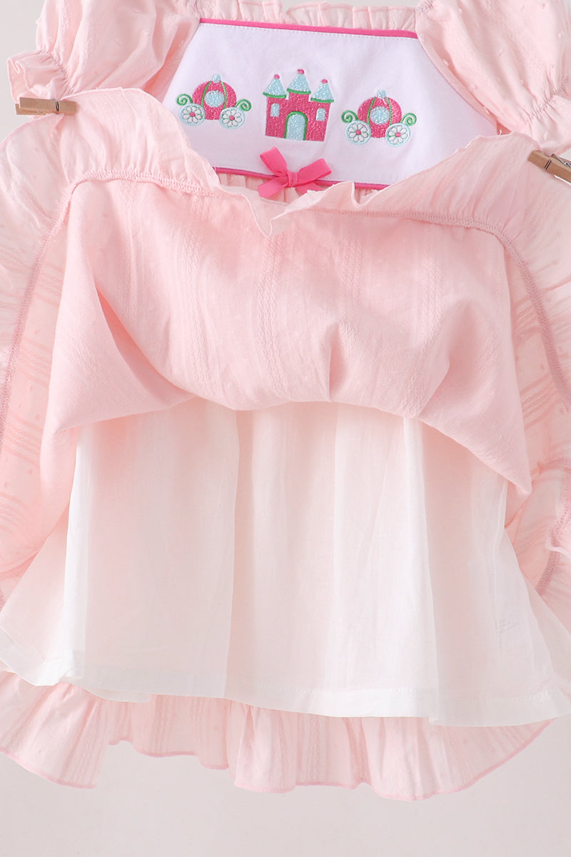 Pink Castle Embroidery Jacquard Ruffle Dress