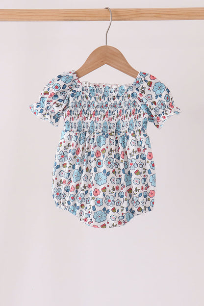 Blue floral smocked ruffle bubble