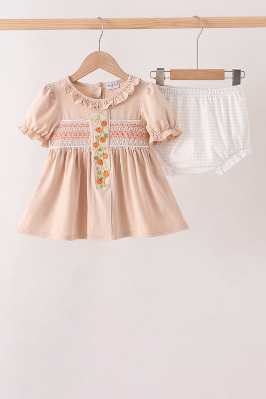 Khaki Pumpkin Smocked Bloomer Set