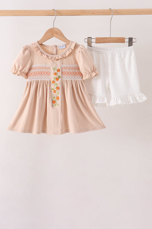 Khaki Pumpkin Smocked Ruffle Shorts Set