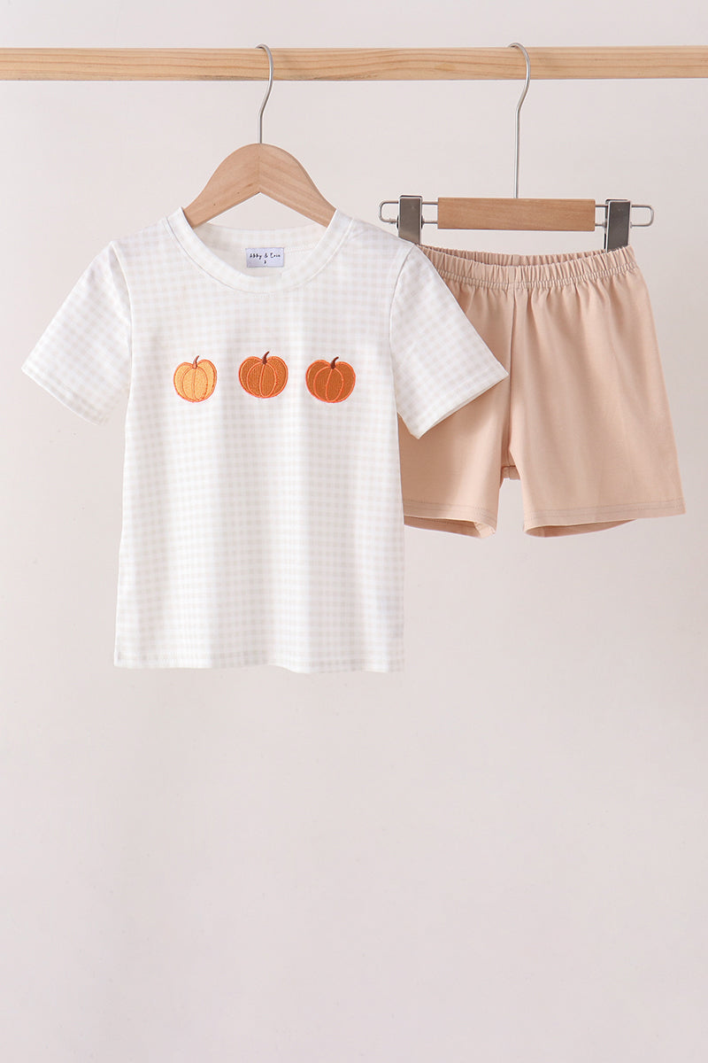 Khaki Pumpkin Embroidery Shorts Set