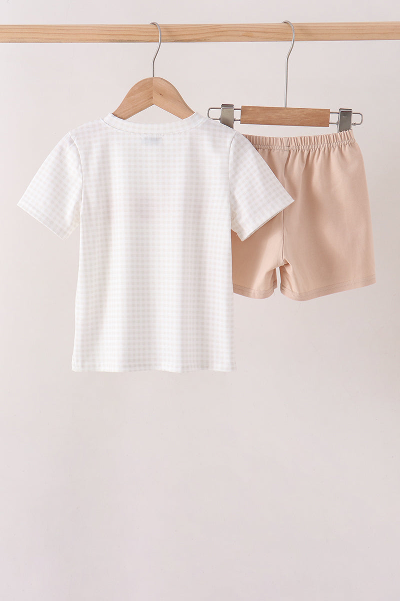 Khaki Pumpkin Embroidery Shorts Set