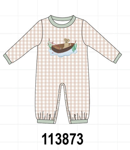 Khaki Puppy Fishing Gingham Romper