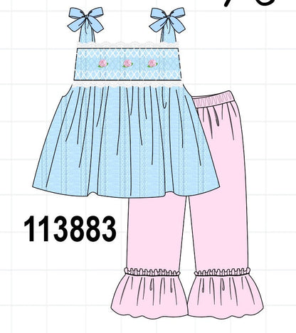 Blue Floral Smocked Lace Ruffle Pants Set