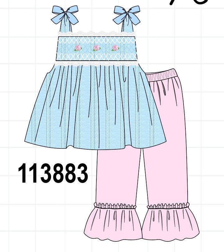 Blue Floral Smocked Lace Ruffle Pants Set