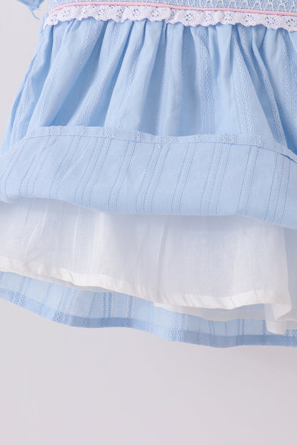 Blue Floral Smocked Lace Ruffle Dress