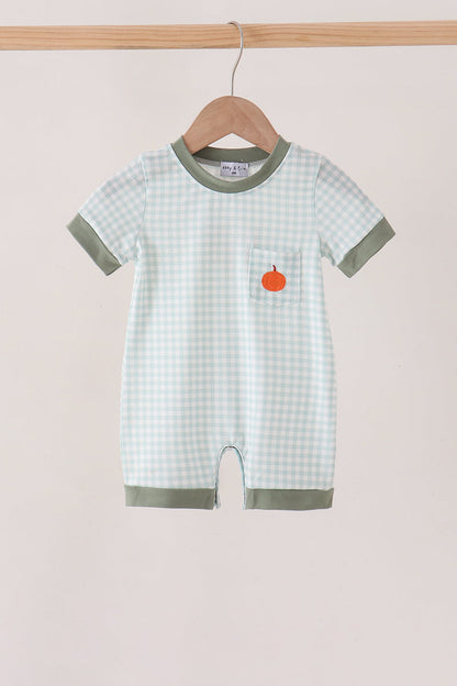 Sage pumpkin embroidery gingham romper