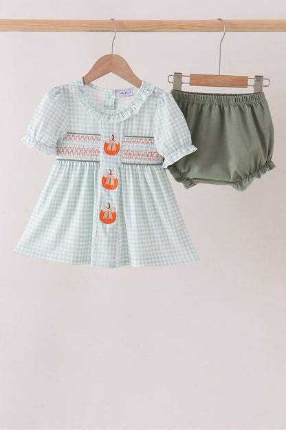 Sage pumpkin smocked gingham bloomer set