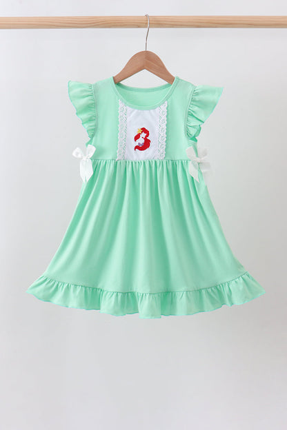 Green character embroidery ruffle dress
