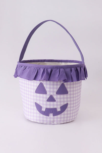 Purple Pumpkin Applique Gingham Ruffle Basket
