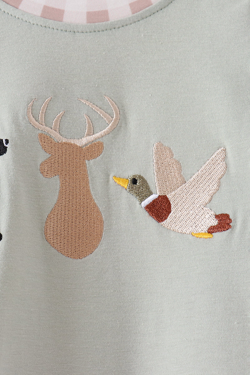 Sage hunting embroidery romper
