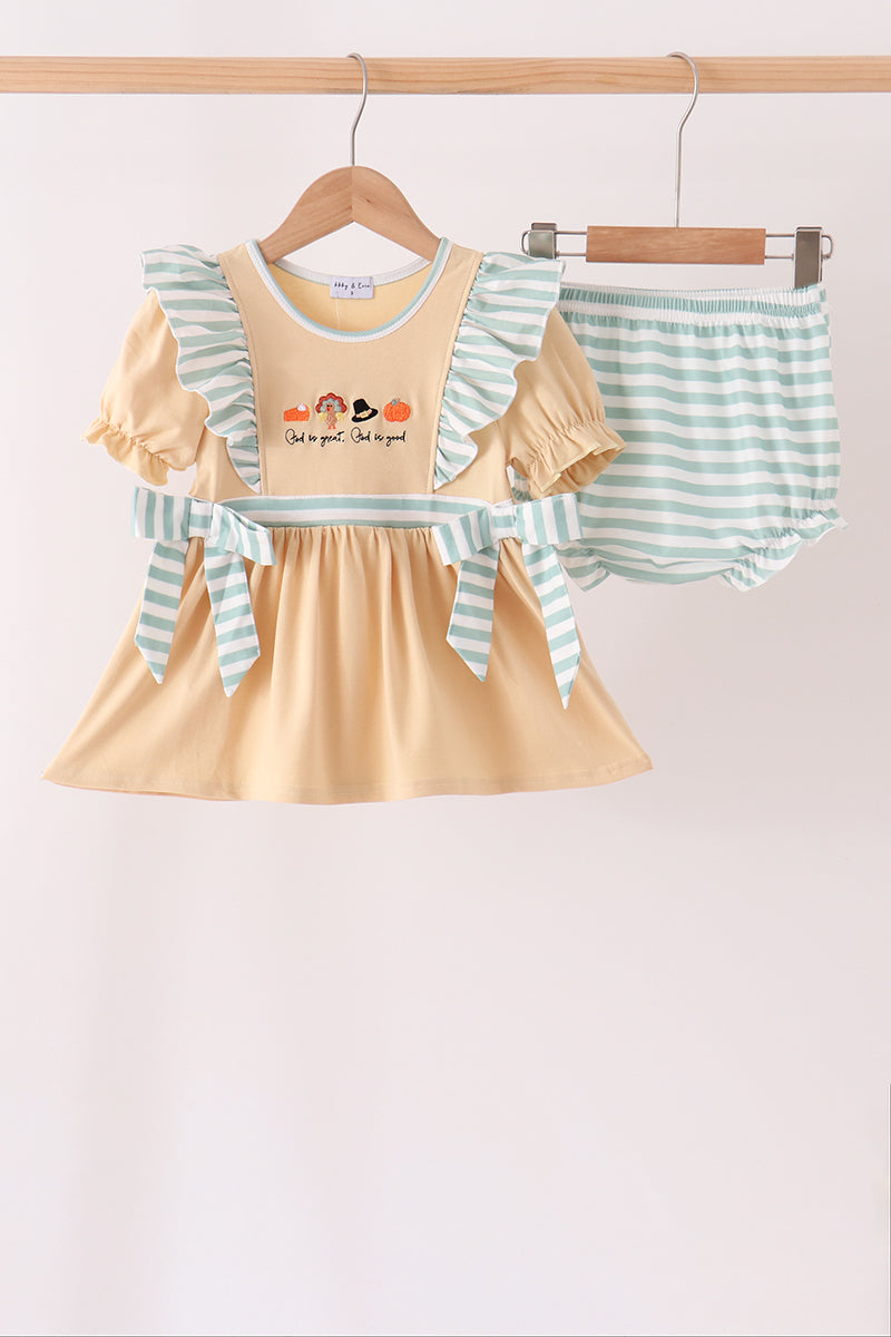 God is great god is good embroidery ruffle bloomer set