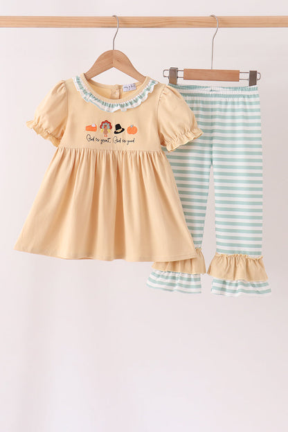 God is great god is good embroidery ruffle pants set
