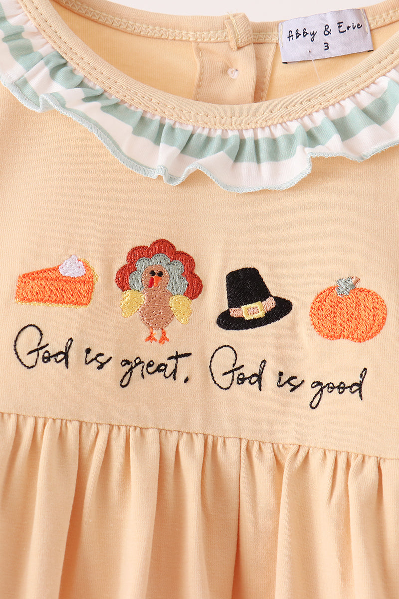 God is great god is good embroidery ruffle pants set