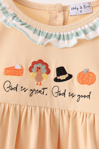 God is great god is good embroidery ruffle pants set